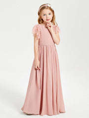 Abiti Damigella Junior In Chiffon Pizzo Maniche A Farfalla Scollo Rotondo Rosa Polvere