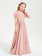 Abiti Damigella Junior In Chiffon Pizzo Maniche A Farfalla Scollo Rotondo Rosa Polvere