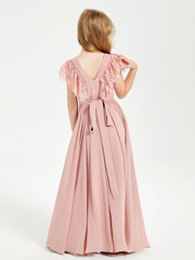 Abiti Damigella Junior In Chiffon Pizzo Maniche A Farfalla Scollo Rotondo Rosa Polvere