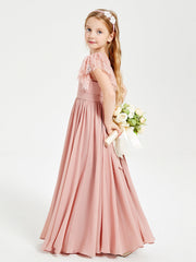 Abiti Damigella Junior In Chiffon Pizzo Maniche A Farfalla Scollo Rotondo Rosa Polvere