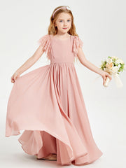 Abiti Damigella Junior In Chiffon Pizzo Maniche A Farfalla Scollo Rotondo Rosa Polvere