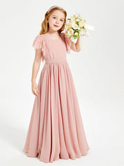 Abiti Damigella Junior In Chiffon Pizzo Maniche A Farfalla Scollo Rotondo Rosa Polvere