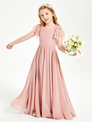 Abiti Damigella Junior In Chiffon Pizzo Maniche A Farfalla Scollo Rotondo Rosa Polvere
