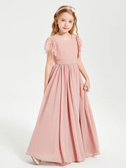 Abiti Damigella Junior In Chiffon Pizzo Maniche A Farfalla Scollo Rotondo Rosa Polvere