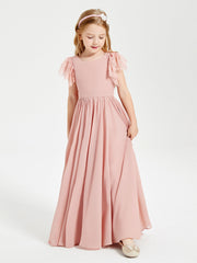 Abiti Damigella Junior In Chiffon Pizzo Maniche A Farfalla Scollo Rotondo Rosa Polvere