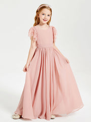 Abiti Damigella Junior In Chiffon Pizzo Maniche A Farfalla Scollo Rotondo Rosa Polvere