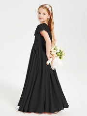 Abiti Damigella Junior In Chiffon Pizzo Maniche A Farfalla Scollo Rotondo Nero