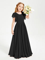 Abiti Damigella Junior In Chiffon Pizzo Maniche A Farfalla Scollo Rotondo Nero