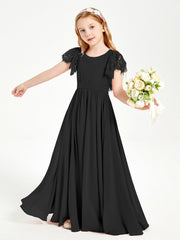 Abiti Damigella Junior In Chiffon Pizzo Maniche A Farfalla Scollo Rotondo Nero