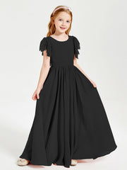 Abiti Damigella Junior In Chiffon Pizzo Maniche A Farfalla Scollo Rotondo Nero