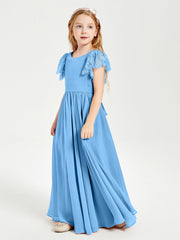 Abiti Damigella Junior In Chiffon Pizzo Maniche A Farfalla Scollo Rotondo Blu