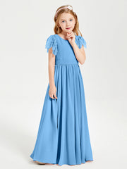 Abiti Damigella Junior In Chiffon Pizzo Maniche A Farfalla Scollo Rotondo Blu