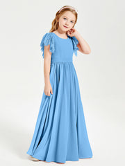 Abiti Damigella Junior In Chiffon Pizzo Maniche A Farfalla Scollo Rotondo Blu