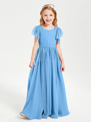 Abiti Damigella Junior In Chiffon Pizzo Maniche A Farfalla Scollo Rotondo Blu