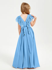 Abiti Damigella Junior In Chiffon Pizzo Maniche A Farfalla Scollo Rotondo Blu
