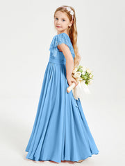 Abiti Damigella Junior In Chiffon Pizzo Maniche A Farfalla Scollo Rotondo Blu