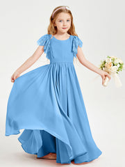 Abiti Damigella Junior In Chiffon Pizzo Maniche A Farfalla Scollo Rotondo Blu