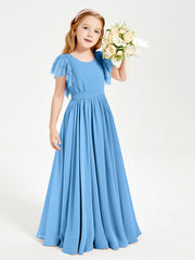 Abiti Damigella Junior In Chiffon Pizzo Maniche A Farfalla Scollo Rotondo Blu