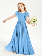 Abiti Damigella Junior In Chiffon Pizzo Maniche A Farfalla Scollo Rotondo Blu