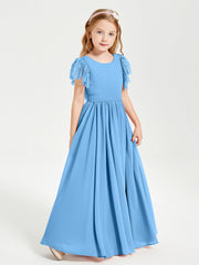 Abiti Damigella Junior In Chiffon Pizzo Maniche A Farfalla Scollo Rotondo Blu