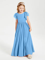 Abiti Damigella Junior In Chiffon Pizzo Maniche A Farfalla Scollo Rotondo Blu