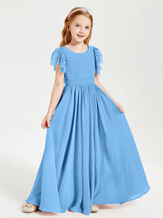 Abiti Damigella Junior In Chiffon Pizzo Maniche A Farfalla Scollo Rotondo Blu