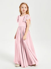 Abiti Damigella Junior In Chiffon Pizzo Maniche A Farfalla Scollo Rotondo Rosa Cipria