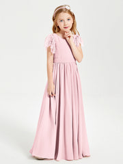 Abiti Damigella Junior In Chiffon Pizzo Maniche A Farfalla Scollo Rotondo Rosa Cipria