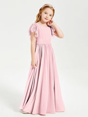 Abiti Damigella Junior In Chiffon Pizzo Maniche A Farfalla Scollo Rotondo Rosa Cipria