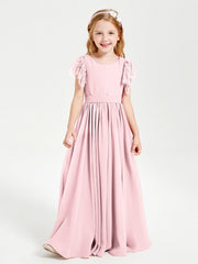 Abiti Damigella Junior In Chiffon Pizzo Maniche A Farfalla Scollo Rotondo Rosa Cipria