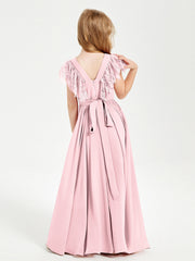 Abiti Damigella Junior In Chiffon Pizzo Maniche A Farfalla Scollo Rotondo Rosa Cipria