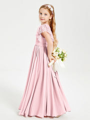 Abiti Damigella Junior In Chiffon Pizzo Maniche A Farfalla Scollo Rotondo Rosa Cipria