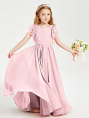Abiti Damigella Junior In Chiffon Pizzo Maniche A Farfalla Scollo Rotondo Rosa Cipria