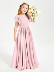 Abiti Damigella Junior In Chiffon Pizzo Maniche A Farfalla Scollo Rotondo Rosa Cipria