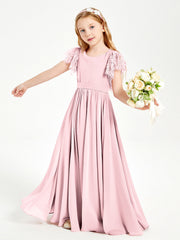 Abiti Damigella Junior In Chiffon Pizzo Maniche A Farfalla Scollo Rotondo Rosa Cipria