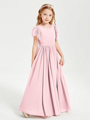 Abiti Damigella Junior In Chiffon Pizzo Maniche A Farfalla Scollo Rotondo Rosa Cipria