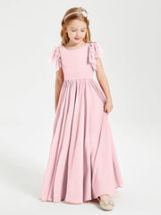 Abiti Damigella Junior In Chiffon Pizzo Maniche A Farfalla Scollo Rotondo Rosa Cipria