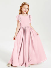Abiti Damigella Junior In Chiffon Pizzo Maniche A Farfalla Scollo Rotondo Rosa Cipria