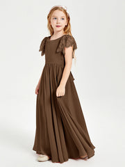 Abiti Damigella Junior In Chiffon Pizzo Maniche A Farfalla Scollo Rotondo Marrone