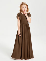Abiti Damigella Junior In Chiffon Pizzo Maniche A Farfalla Scollo Rotondo Marrone