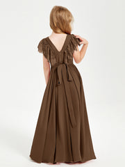 Abiti Damigella Junior In Chiffon Pizzo Maniche A Farfalla Scollo Rotondo Marrone