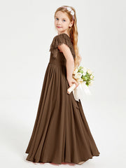 Abiti Damigella Junior In Chiffon Pizzo Maniche A Farfalla Scollo Rotondo Marrone