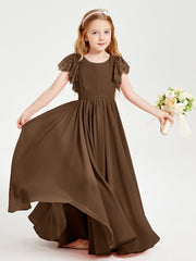Abiti Damigella Junior In Chiffon Pizzo Maniche A Farfalla Scollo Rotondo Marrone