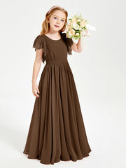 Abiti Damigella Junior In Chiffon Pizzo Maniche A Farfalla Scollo Rotondo Marrone