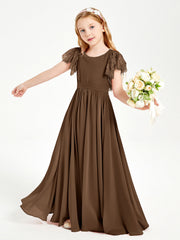 Abiti Damigella Junior In Chiffon Pizzo Maniche A Farfalla Scollo Rotondo Marrone