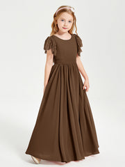 Abiti Damigella Junior In Chiffon Pizzo Maniche A Farfalla Scollo Rotondo Marrone