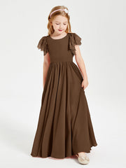 Abiti Damigella Junior In Chiffon Pizzo Maniche A Farfalla Scollo Rotondo Marrone