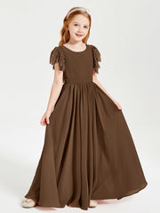 Abiti Damigella Junior In Chiffon Pizzo Maniche A Farfalla Scollo Rotondo Marrone