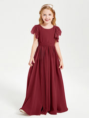 Abiti Damigella Junior In Chiffon Pizzo Maniche A Farfalla Scollo Rotondo Borgogna