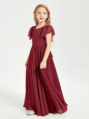 Abiti Damigella Junior In Chiffon Pizzo Maniche A Farfalla Scollo Rotondo Borgogna
